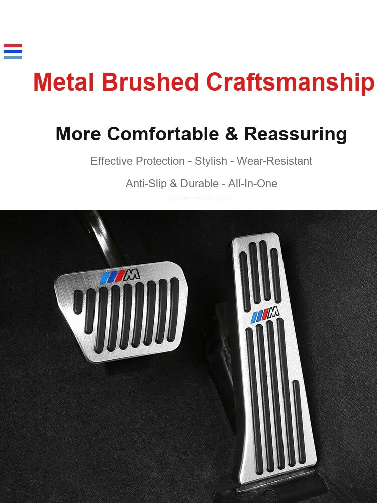 Brushed aluminum BMW pedal cover installed showing anti-slip texture and M stripe badge