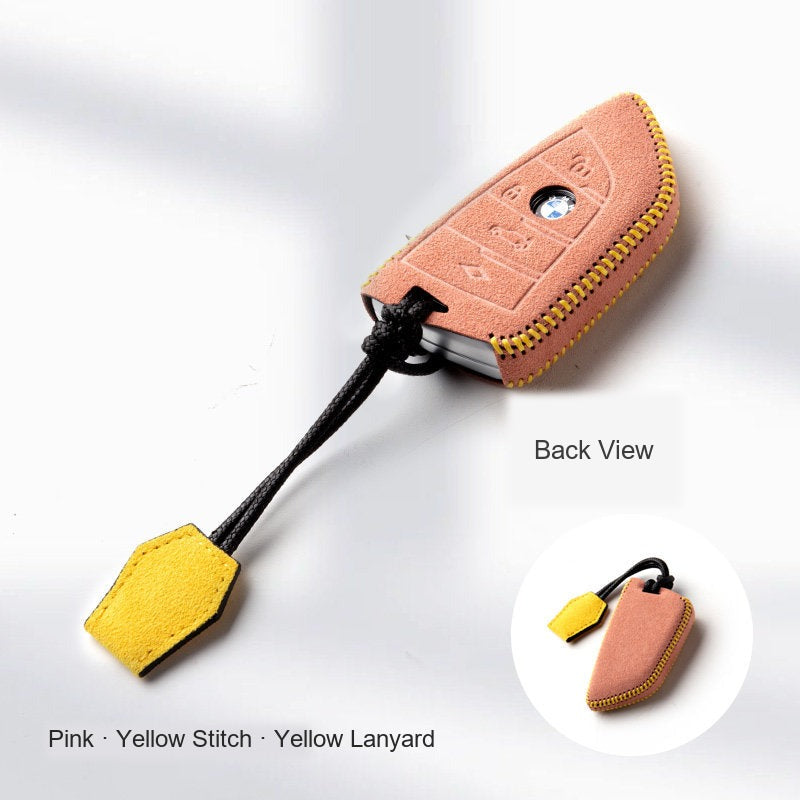 BMW Alcantara Key Fob Case - Style 15 - Pink / Yellow Stitch