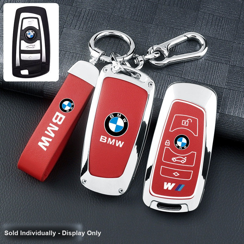 BMW key fob cover - silver frame red leather panel with belt keychain