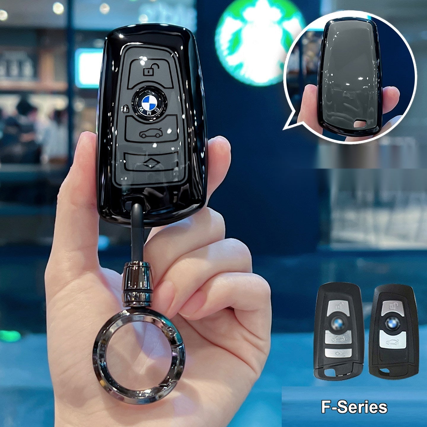 BMW smart key fob glossy black/gray TPU case Style A with bullet round buckle keychain