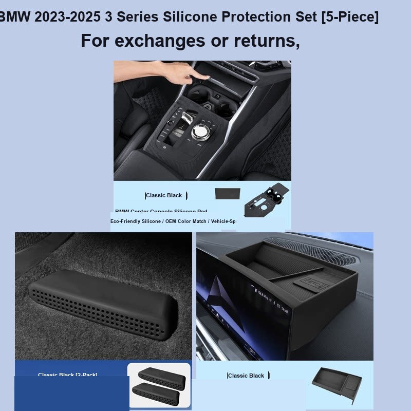 BMW center console silicone pad - 3 Series (2023-2026) - 5-Piece Set (+ Rear Screen Trim) - Classic Black