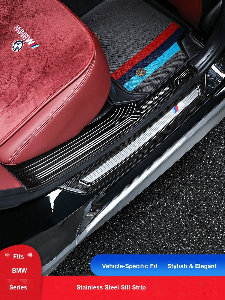 BMW Door Sill Scuff Plate - Interior Installed View with Red Leather Seats