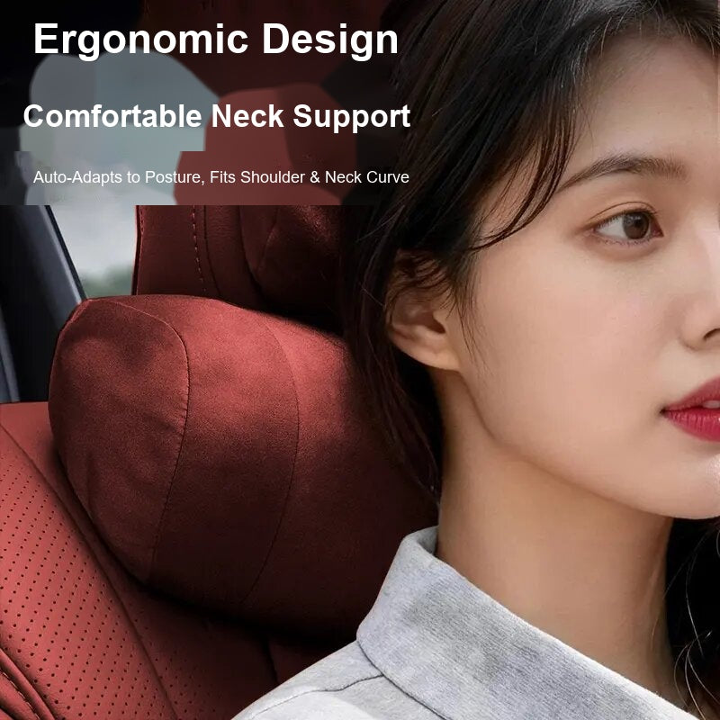 Woman resting head on BMW M Performance ergonomic suede neck pillow in car