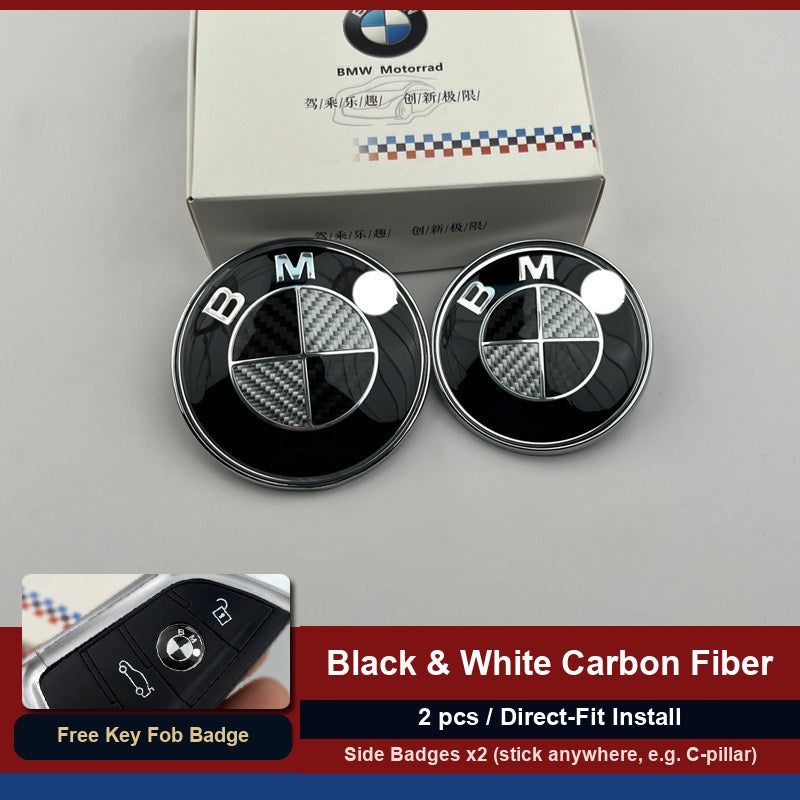 BMW carbon fiber side fender badges, set of two, with packaging