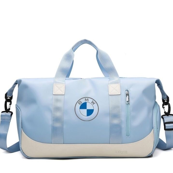 BMW multifunctional sports travel bag, light blue, front view
