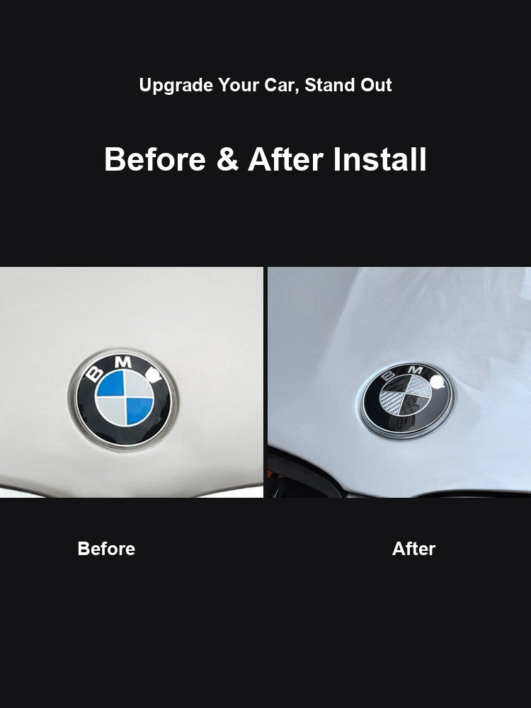 Before and after comparison of stock BMW badge vs black and white carbon fiber badge