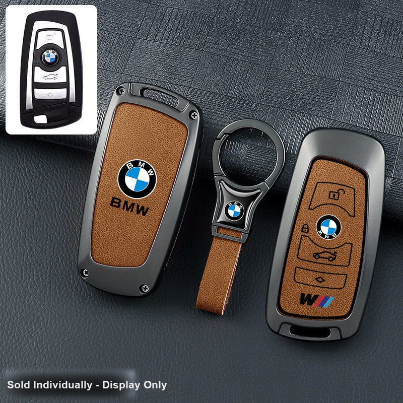 BMW key fob cover - gunmetal frame brown leather panel with ring keychain