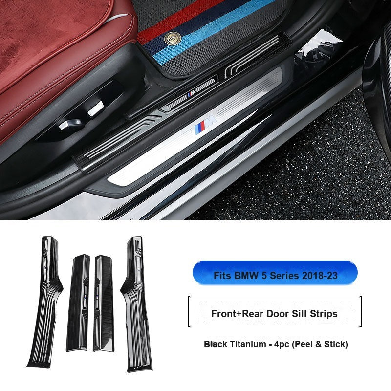 BMW 2018-2023 5 Series Long Wheelbase Door Sill Strip - 4-Piece (Interior Only) - Black Titanium Stainless Steel Scuff Plate Guard