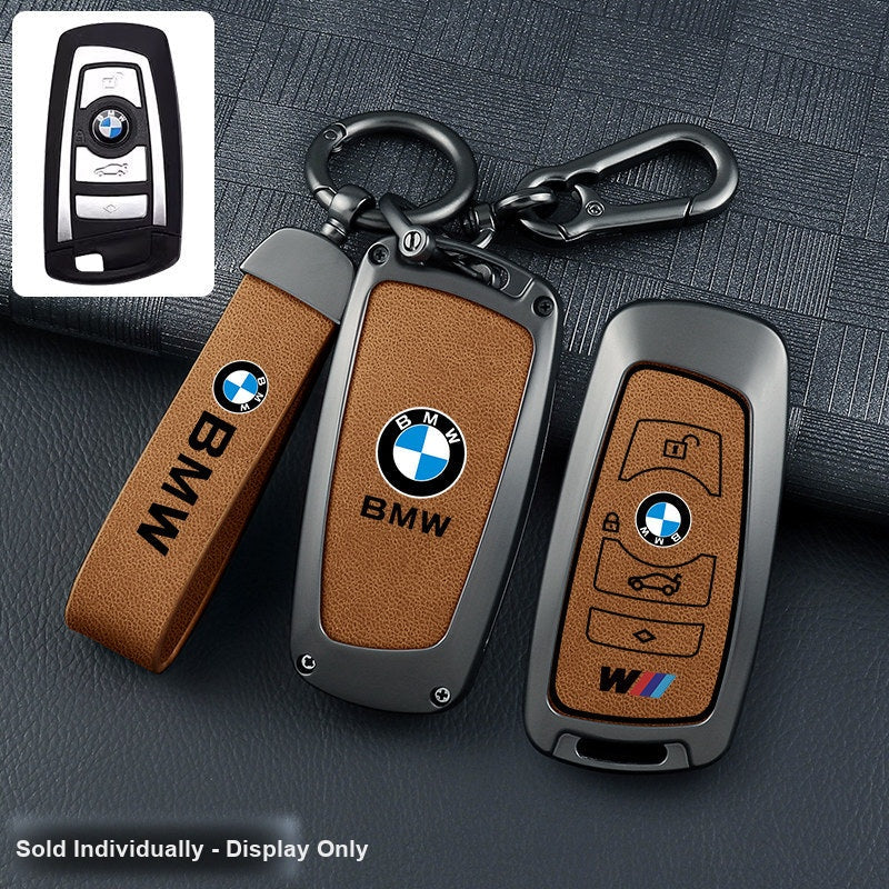 BMW key fob cover - gunmetal frame brown leather panel with belt keychain