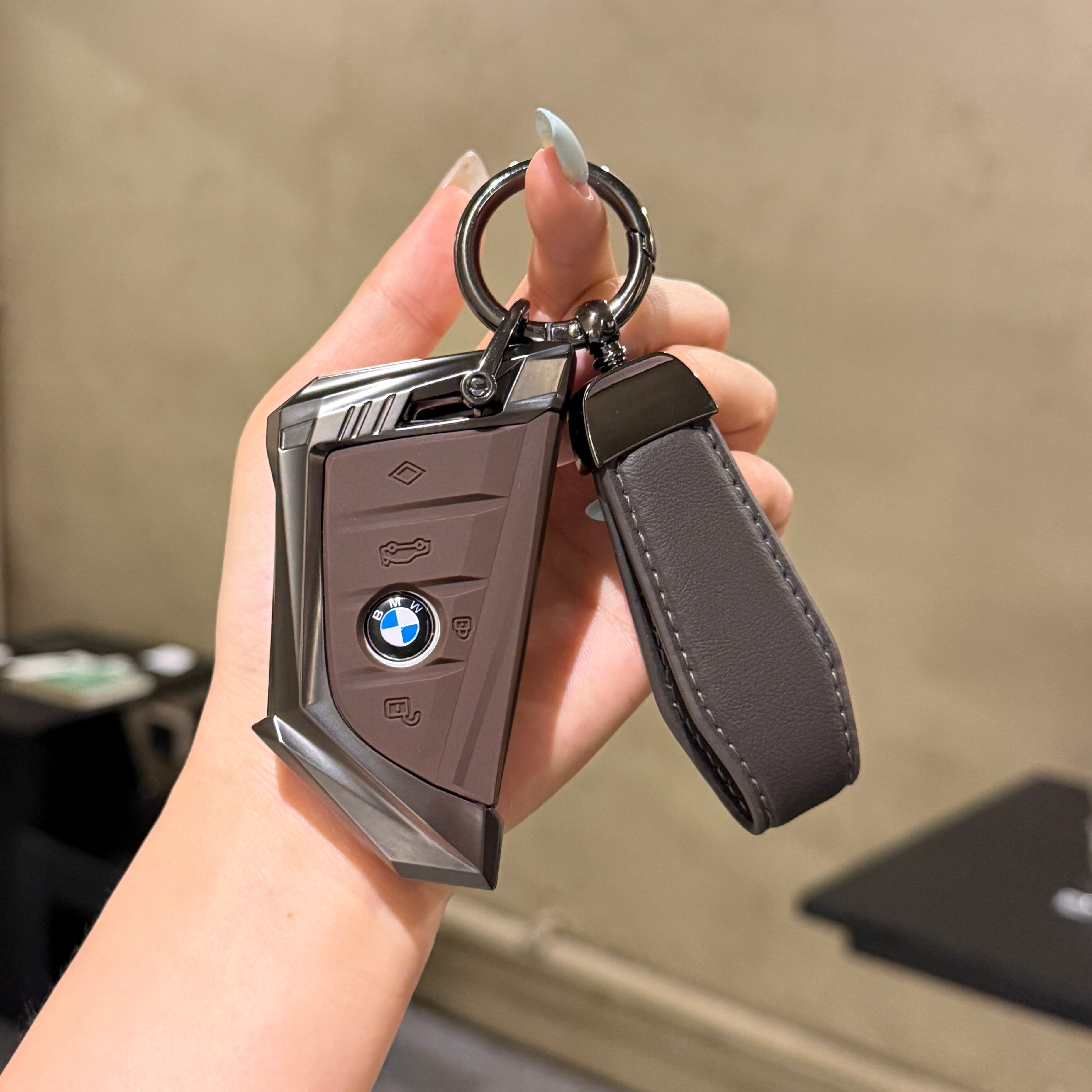 BMW Smart Key Fob Case - Style A, Black Shell / Brown Interior, + Genuine Leather Keychain