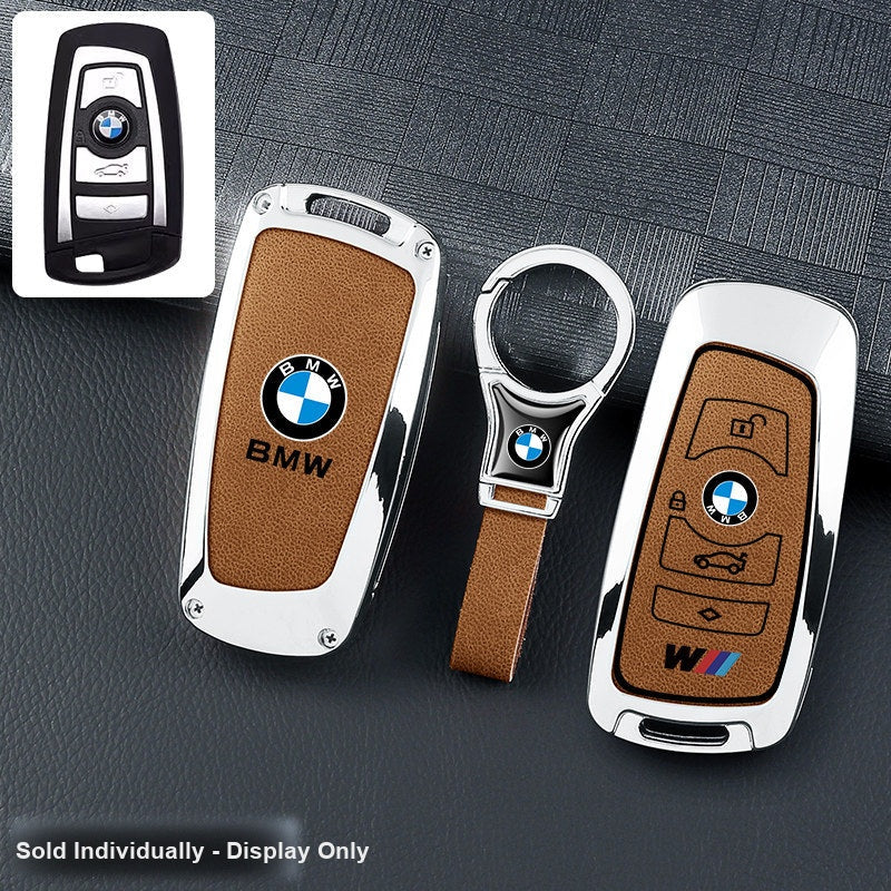 BMW key fob cover - silver frame brown leather panel with ring keychain