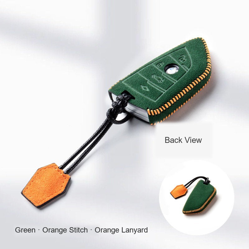 BMW Alcantara Key Fob Case - Style 9 - Green / Orange Stitch