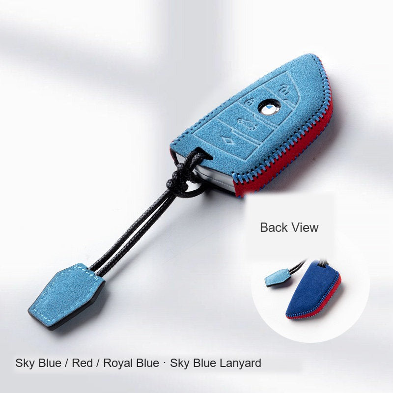 BMW Alcantara Key Fob Case - Style 3 - Sky Blue / Red / Royal Blue