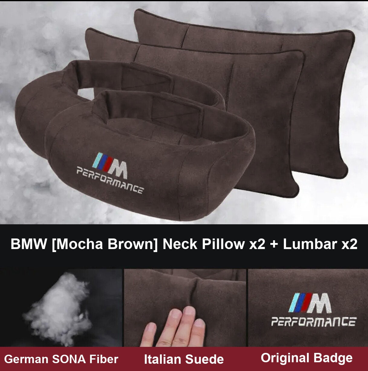 BMW M Performance neck pillow and lumbar support set, mocha brown, 2 plus 2