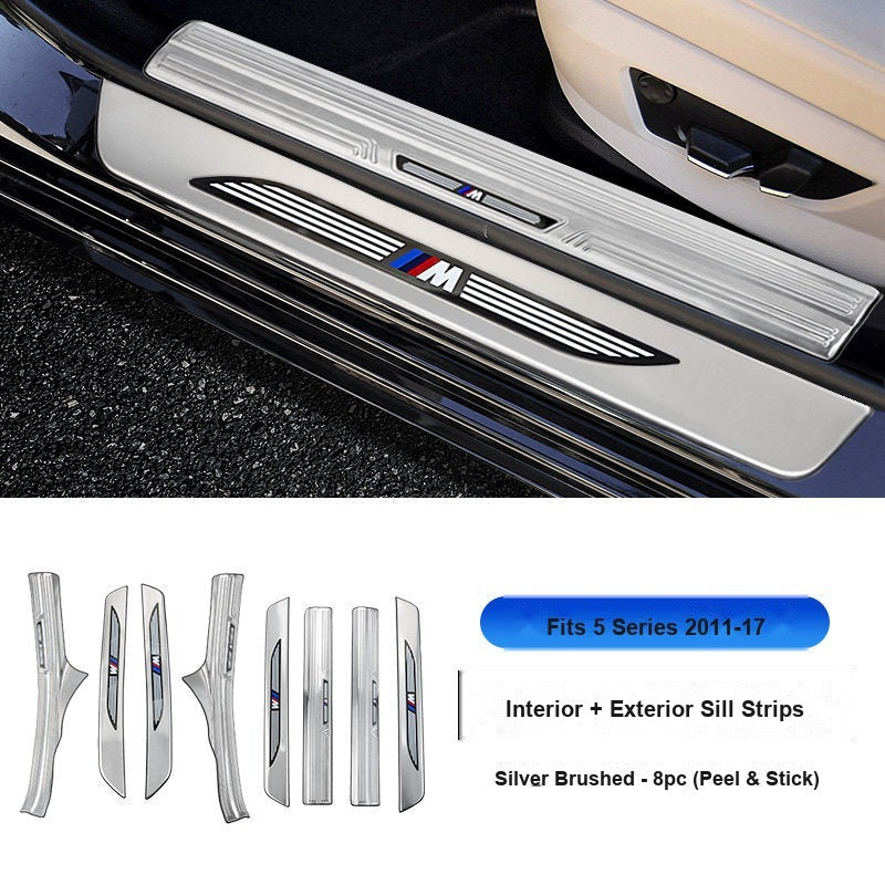 BMW 2011-2017 5 Series Long Wheelbase Door Sill Strip - 8-Piece (Interior + Exterior) - Silver Stainless Steel Scuff Plate Guard