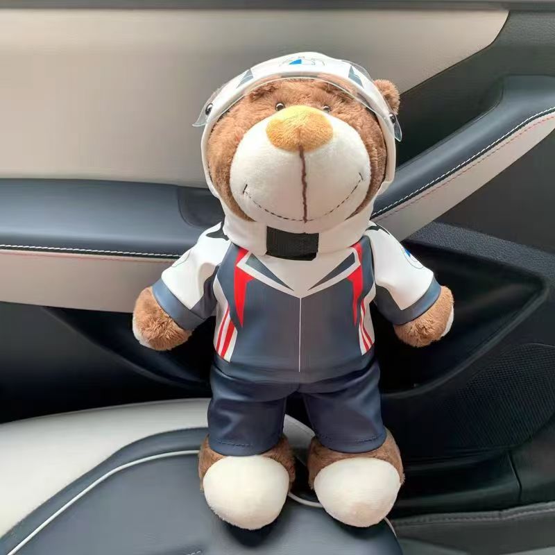 Two BMW bear dolls in red and white racing jackets