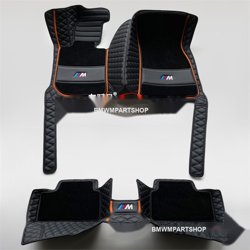 BMW luxury double-layer leather floor mats, black and orange