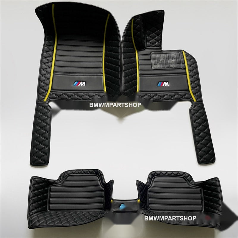 BMW custom leather floor mats, black with yellow trim
