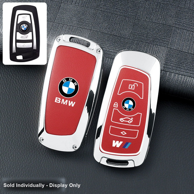 BMW key fob cover - silver frame red leather panel, shell only