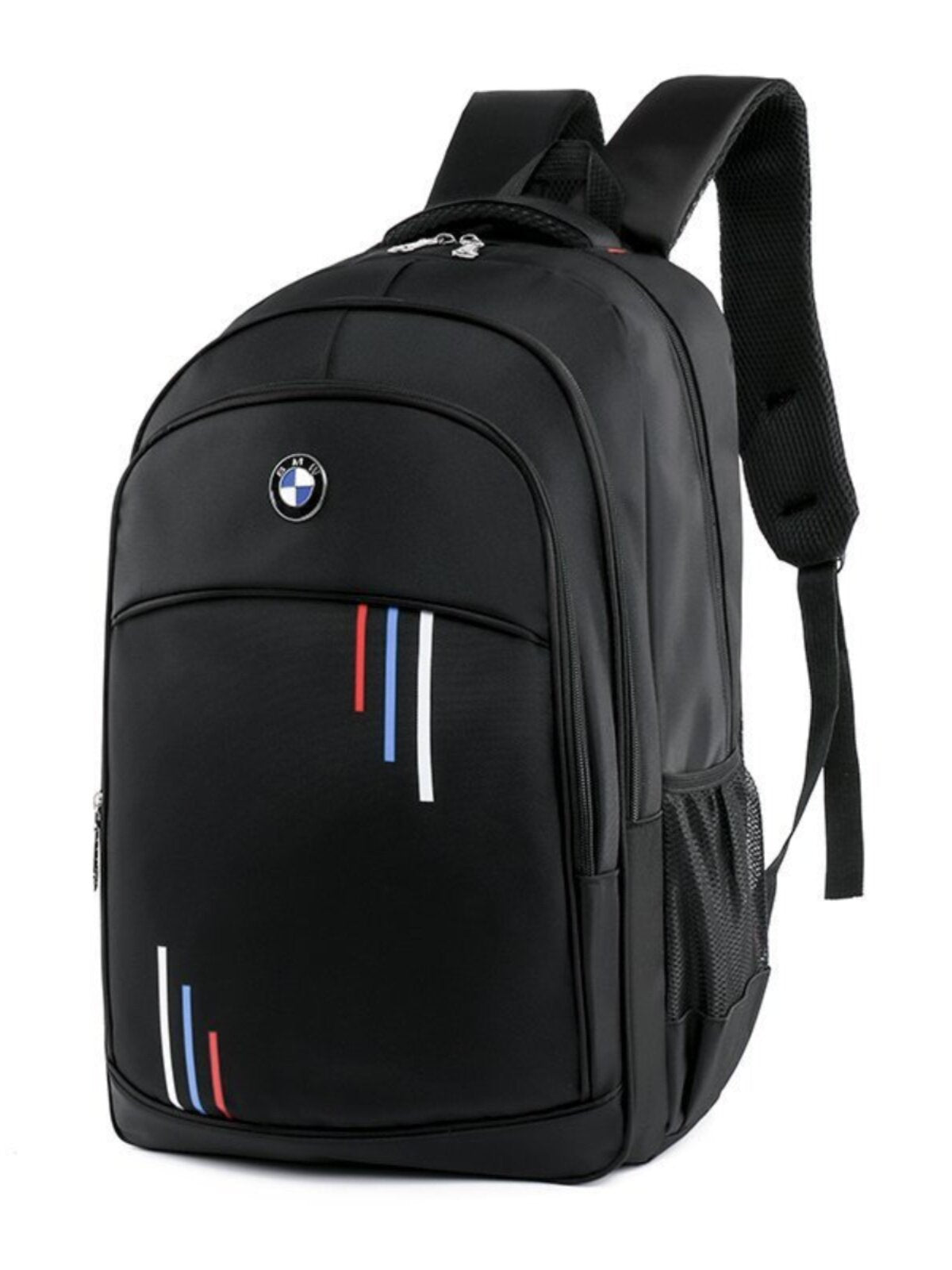 BMW logo backpack side view with tricolor M-stripe accents