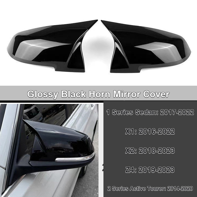 BMW glossy black horn mirror cover with fitment chart - 1 Series Sedan, X1, X2, Z4, 2 Series Active Tourer