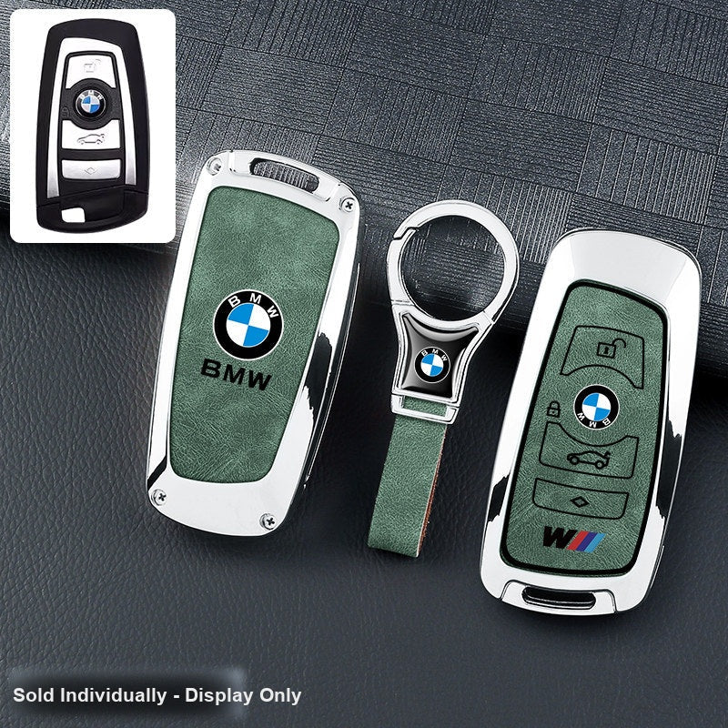 BMW key fob cover - silver frame green leather panel with ring keychain