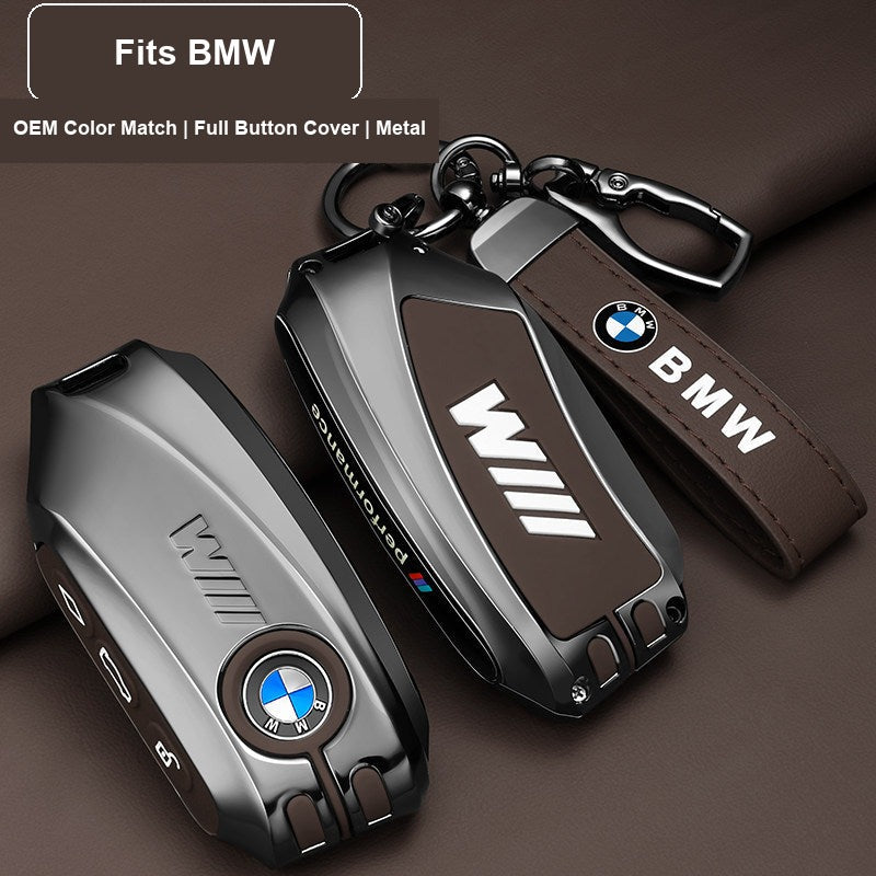 Mocha brown BMW key fob case with leather keychain