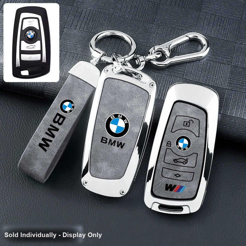 BMW key fob cover - silver frame gray leather panel with belt keychain