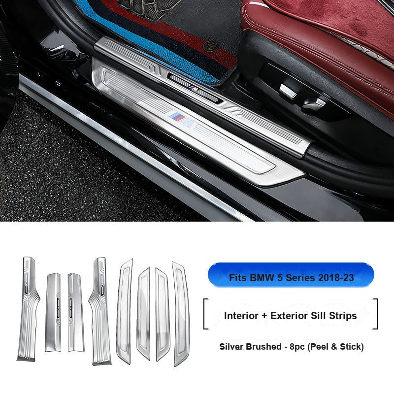 BMW 2018-2023 5 Series Long Wheelbase Door Sill Strip - 8-Piece (Interior + Exterior) - Silver Stainless Steel Scuff Plate Guard