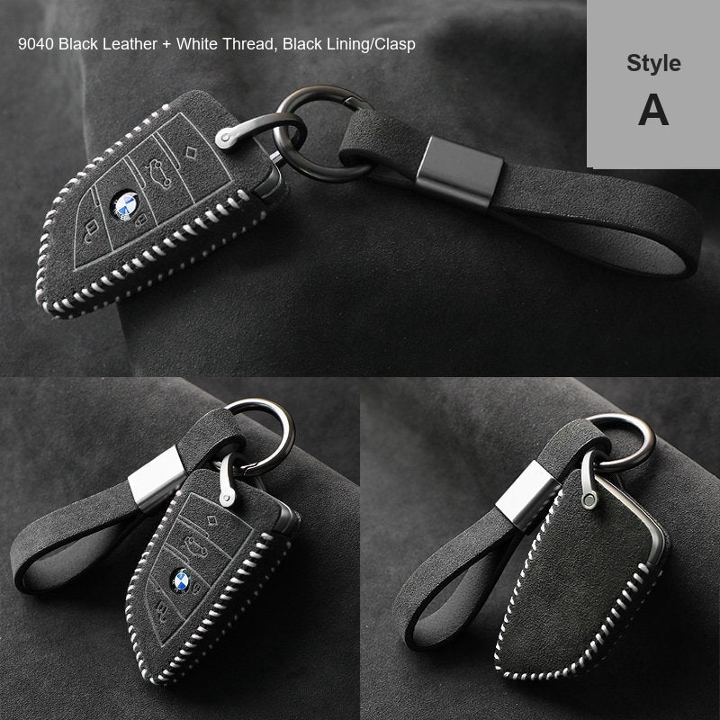 BMW key case Style A 9040 Black leather white thread