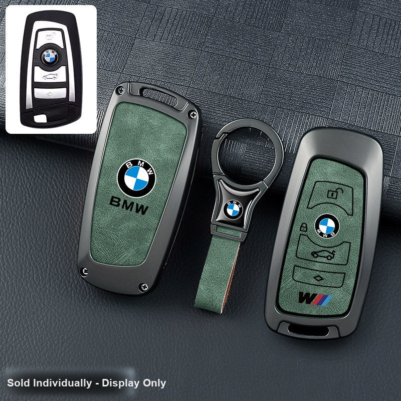 BMW key fob cover - gunmetal frame green leather panel with ring keychain