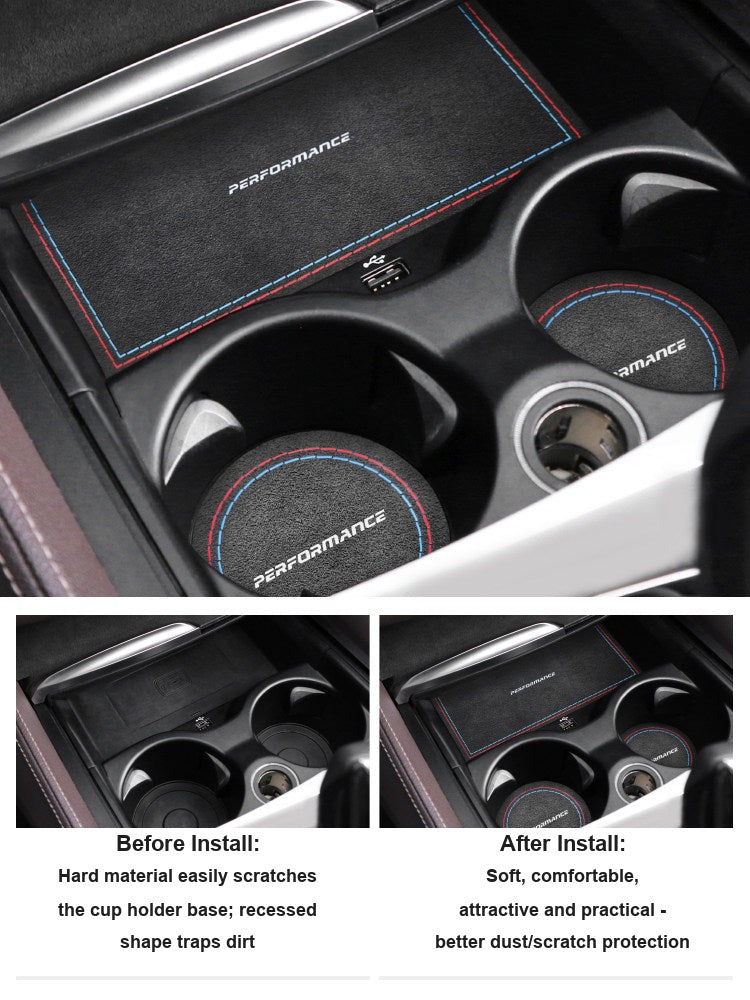 BMW cup holder base before and after installing protective liner