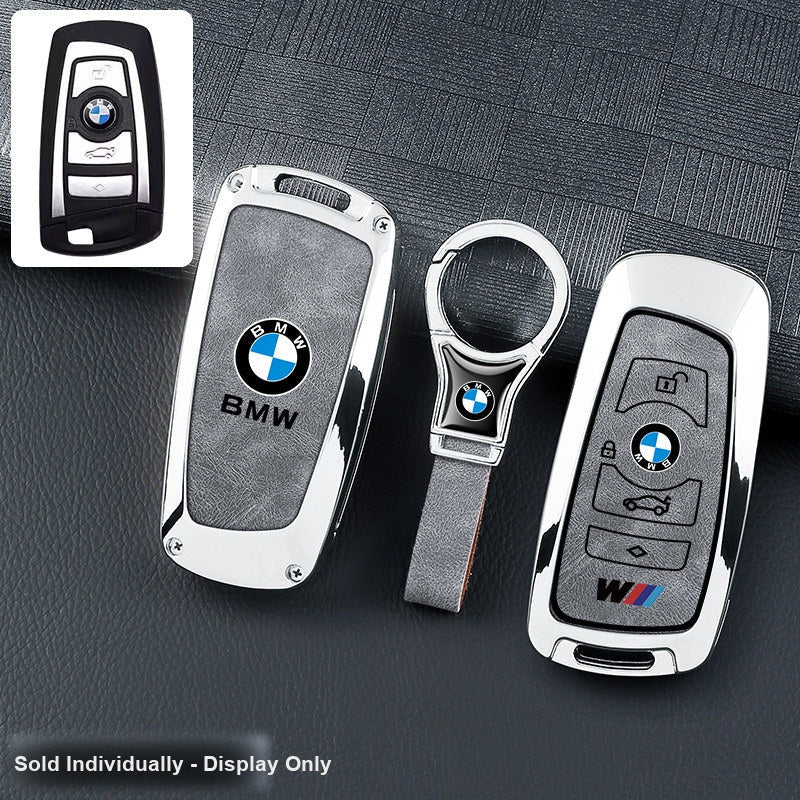 BMW key fob cover - silver frame gray leather panel with ring keychain
