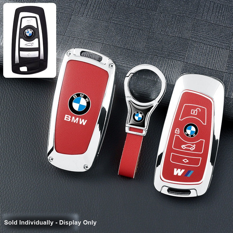 BMW key fob cover - silver frame red leather panel with ring keychain