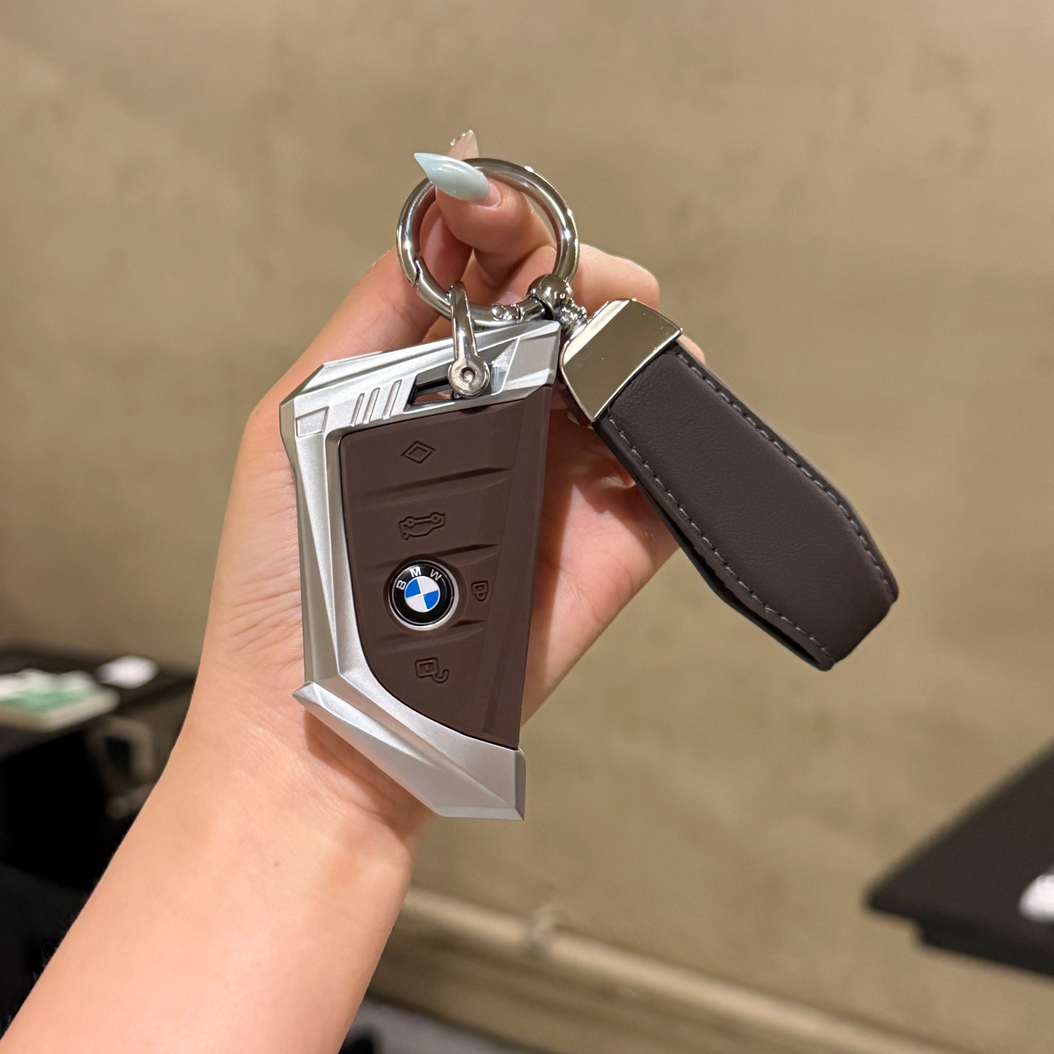 BMW Smart Key Fob Case - Style A, Silver Shell / Brown Interior, + Genuine Leather Keychain