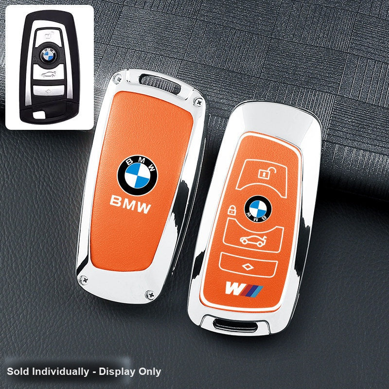 BMW key fob cover - silver frame orange leather panel, shell only
