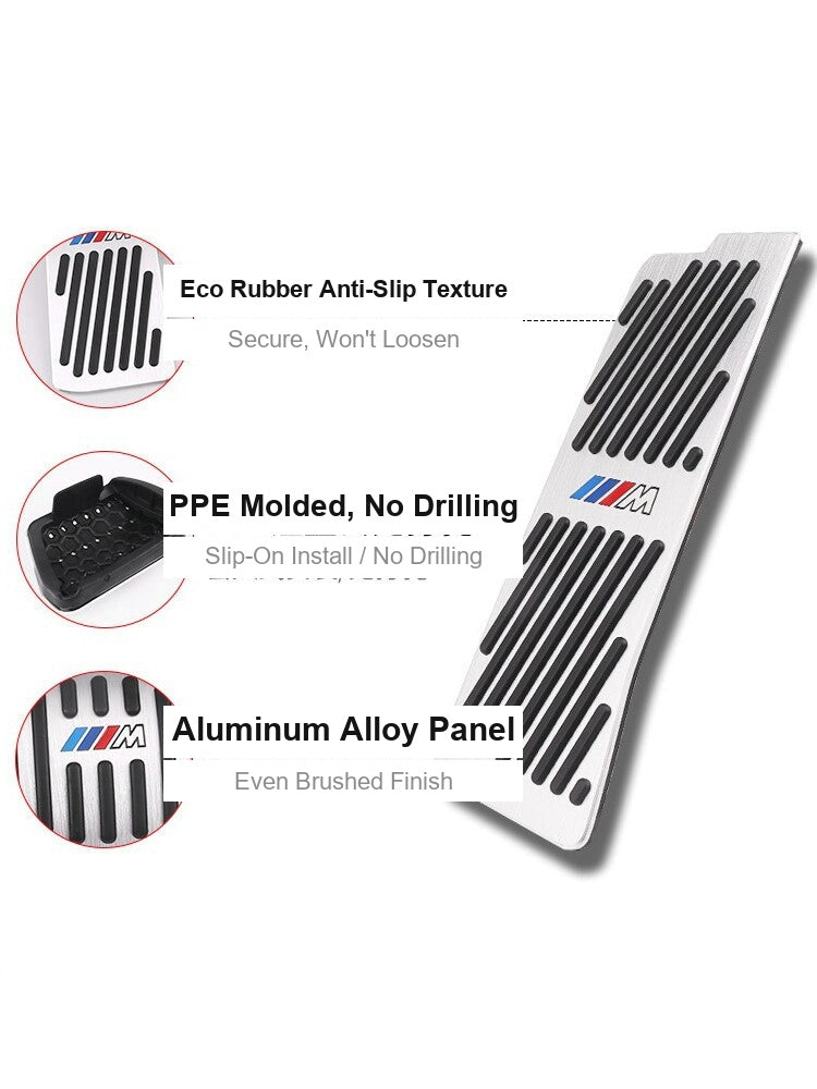 Close-up of BMW pedal cover features - anti-slip rubber texture, no-drill clip, aluminum panel