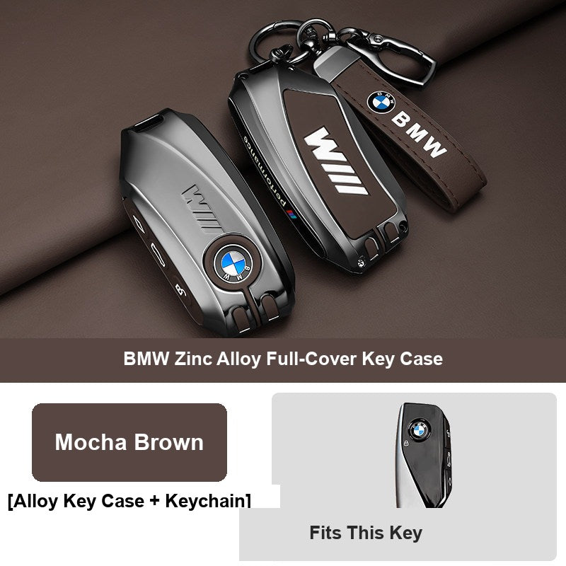 Mocha brown BMW key fob case with leather keychain buckle, alternate angle