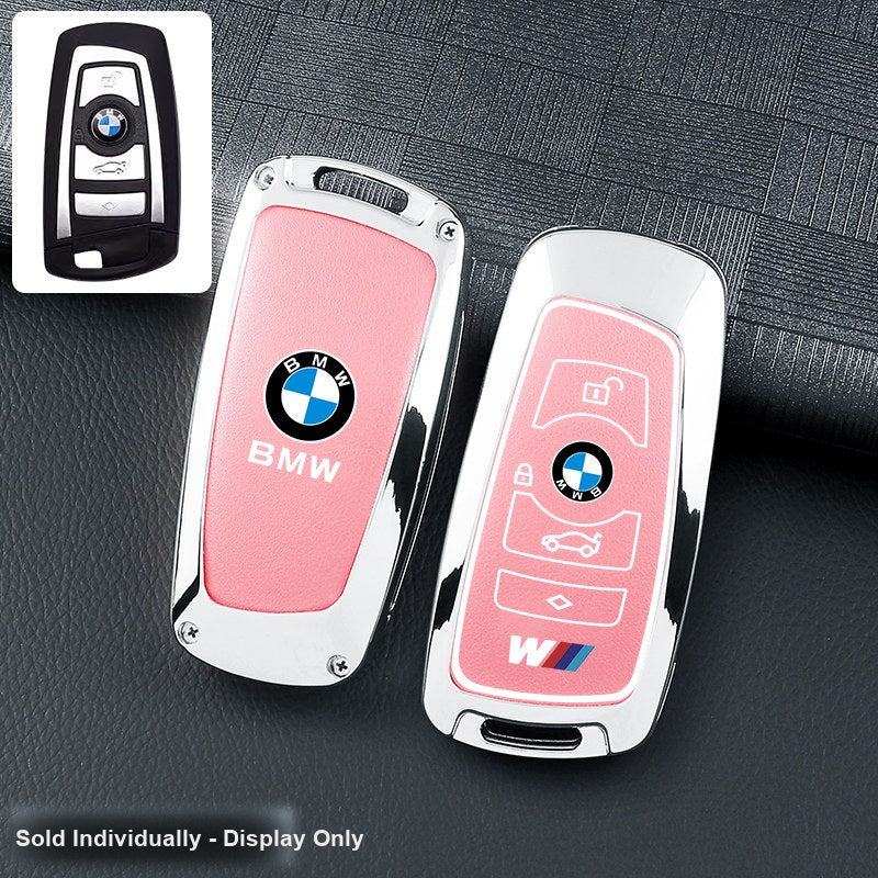 BMW key fob cover - silver frame pink leather panel, shell only