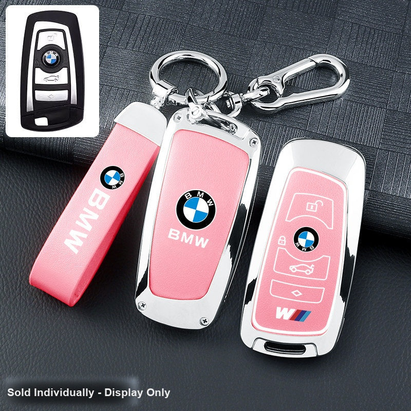BMW key fob cover - silver frame pink leather panel with belt keychain