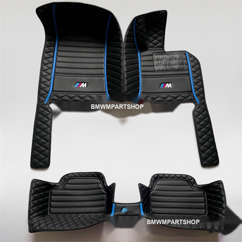 BMW custom leather floor mats, black with blue trim