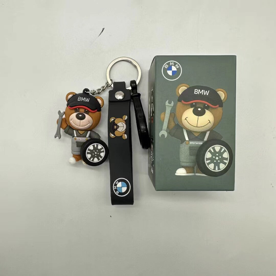 BMW bear doll keychains in blue, white racing bear and blue keychain