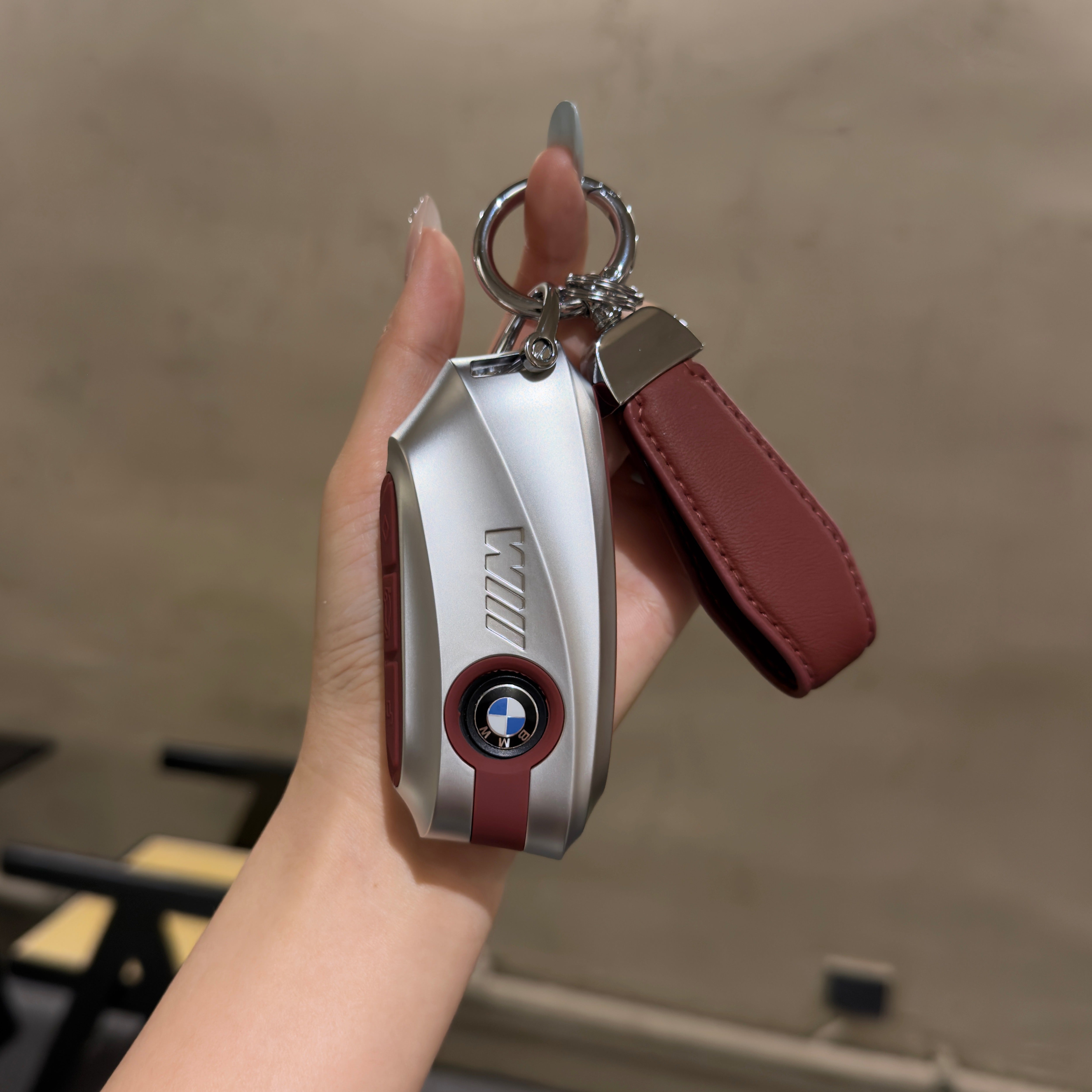 BMW Smart Key Fob Case - Style D, Silver Shell / Red Interior, + Genuine Leather Keychain