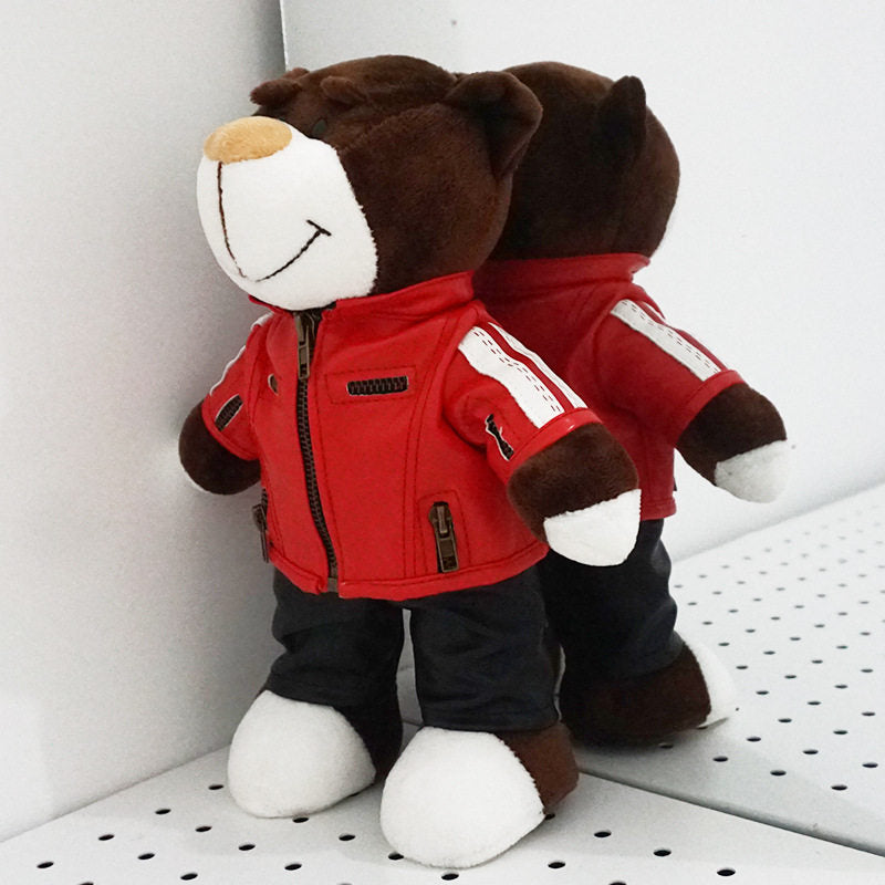 Two BMW bear dolls, one in black leather jacket with racing stripes