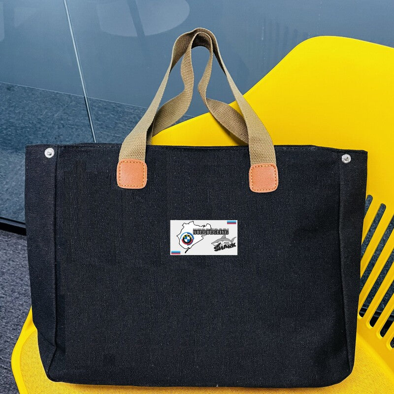 BMW canvas tote bag black with Nurburgring shark patch