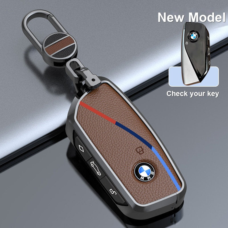 BMW genuine leather key fob case cover in Mocha Brown for New Model smart key with keychain - fits 3/5 Series, X1 X3 X5 X7, i5, 2 Series