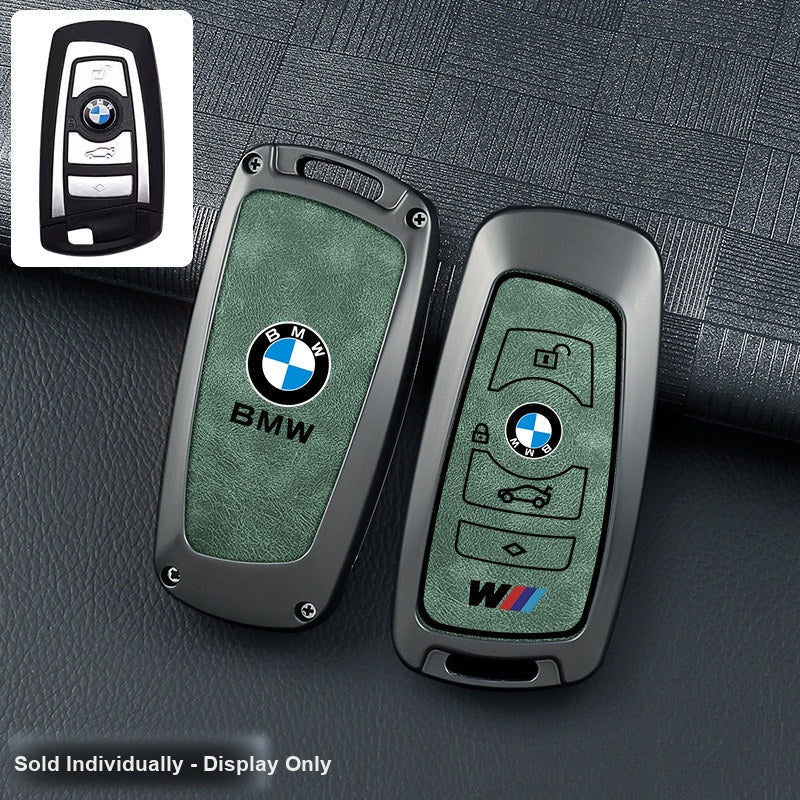 BMW key fob cover - gunmetal frame green leather panel, shell only