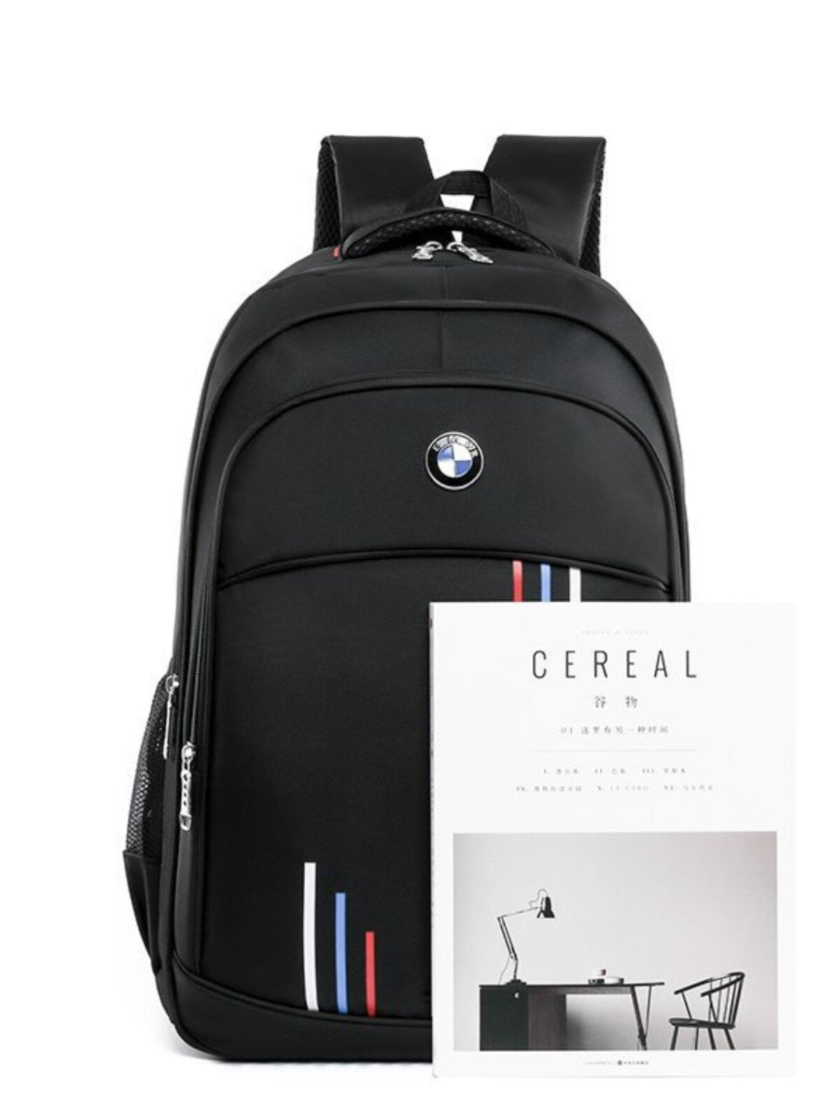 BMW logo backpack front view shown with a magazine for size reference
