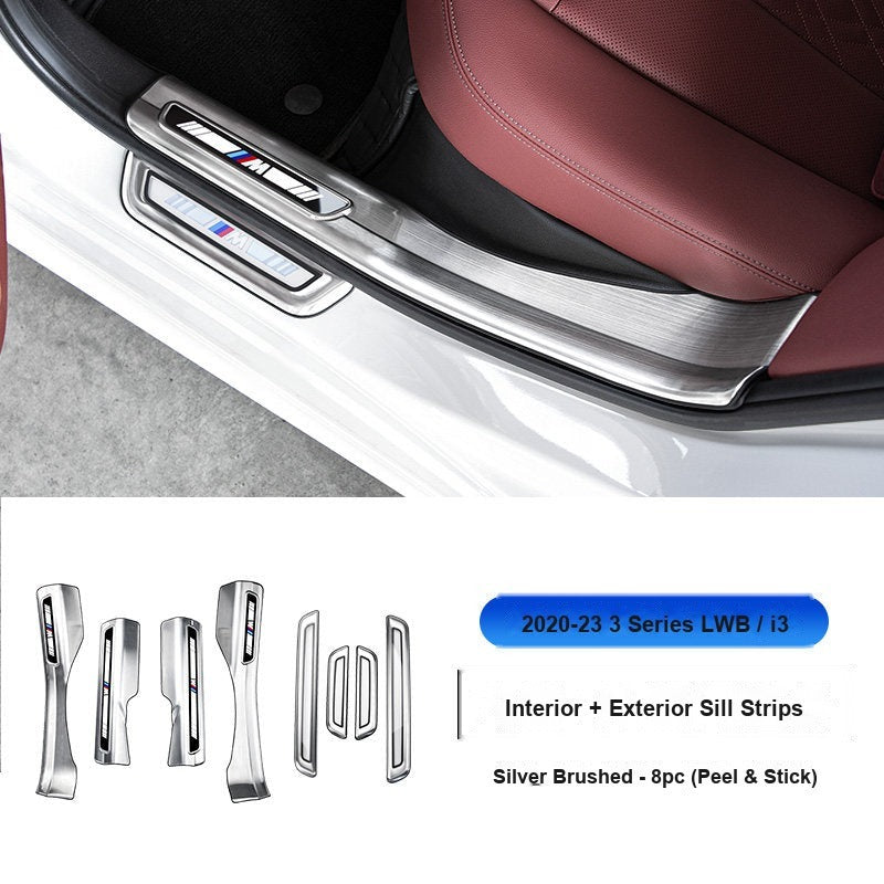BMW 2020-2026 3 Series Long Wheelbase (i3) Door Sill Strip - 8-Piece (Interior + Exterior) - Silver Stainless Steel Scuff Plate Guard