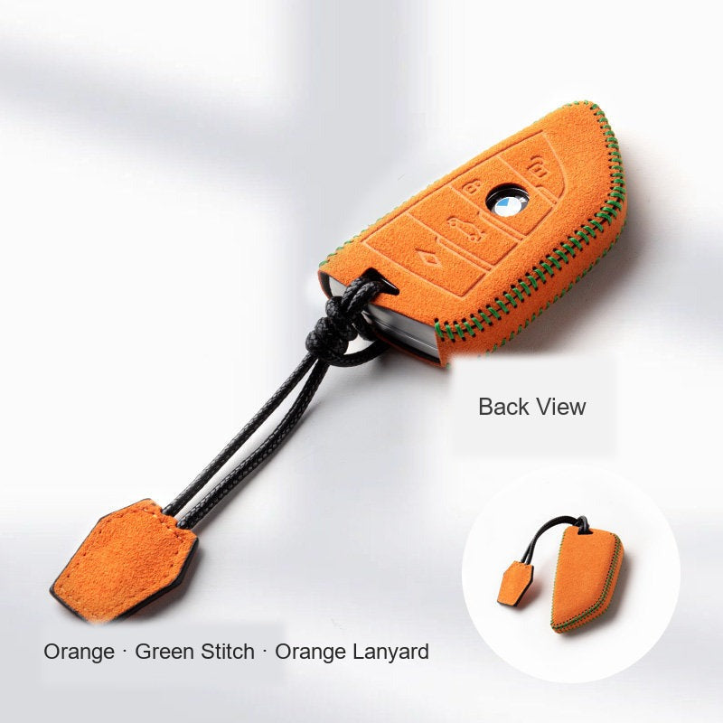 BMW Alcantara Key Fob Case - Style 10 - Orange / Green Stitch